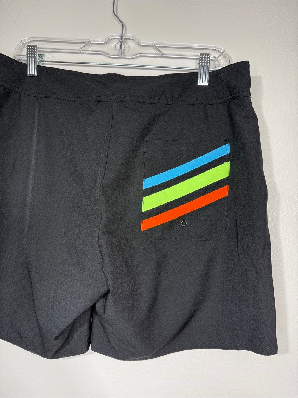 Tomboy X Shorts Womenโs L (Inseam 6) Black Neon Stripes.